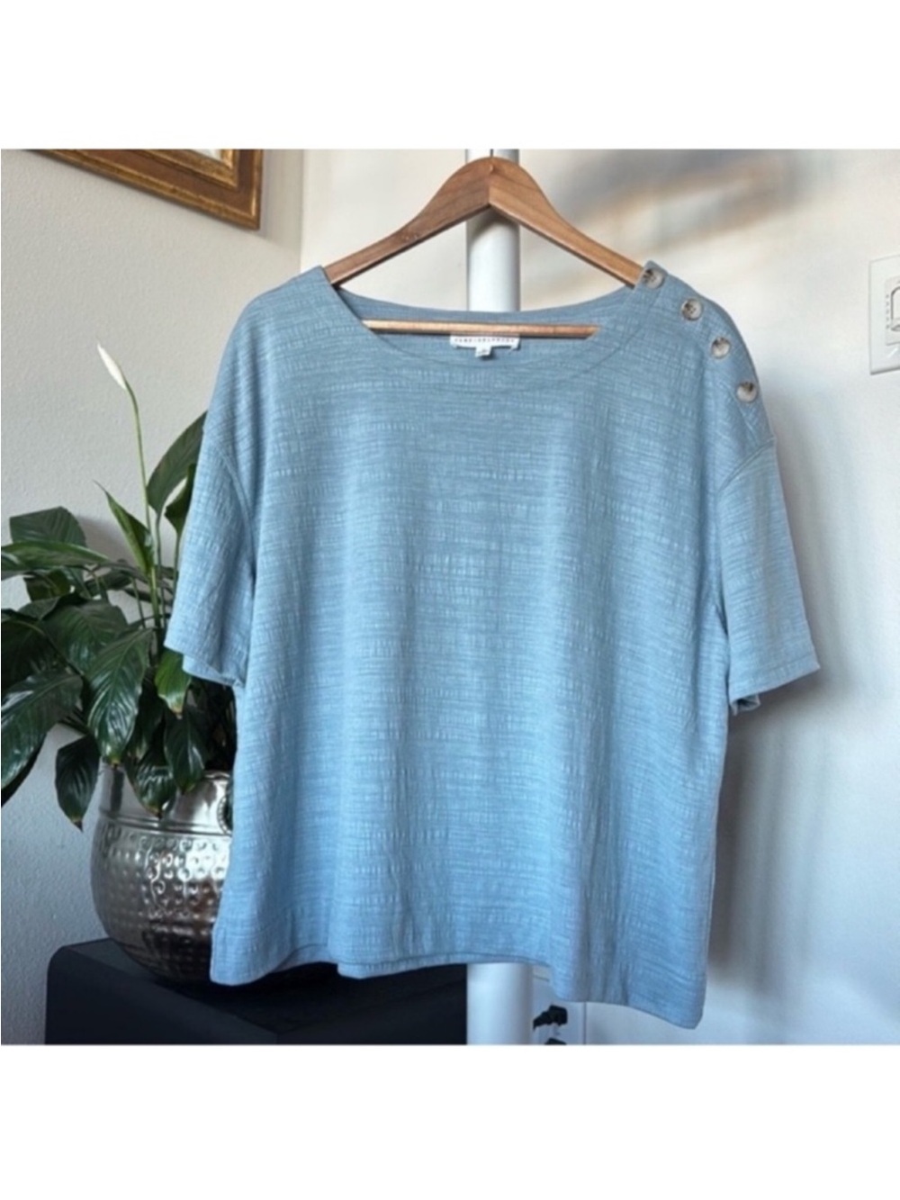 Jane & Delancey Women's Blouse/Top/Shirt Sz XL Blue Brown buttons Boatneck Boxy